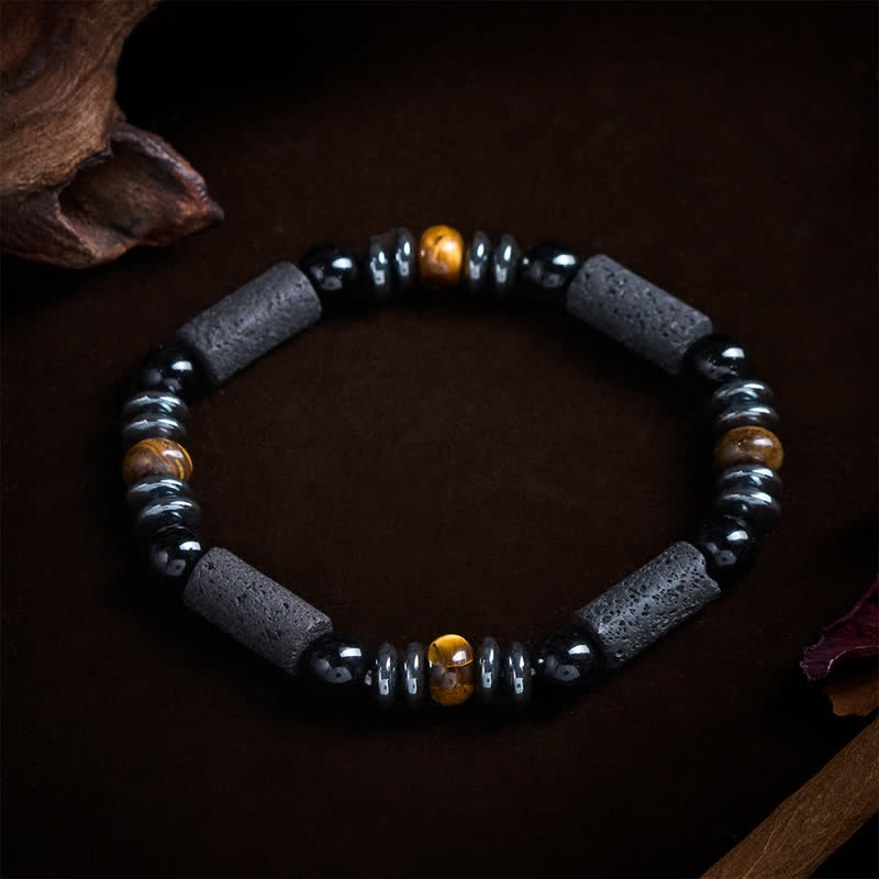 Buddha Stones Natural Tiger's Eye Obsidian Hematite Lava Rock Powerful Bracelet