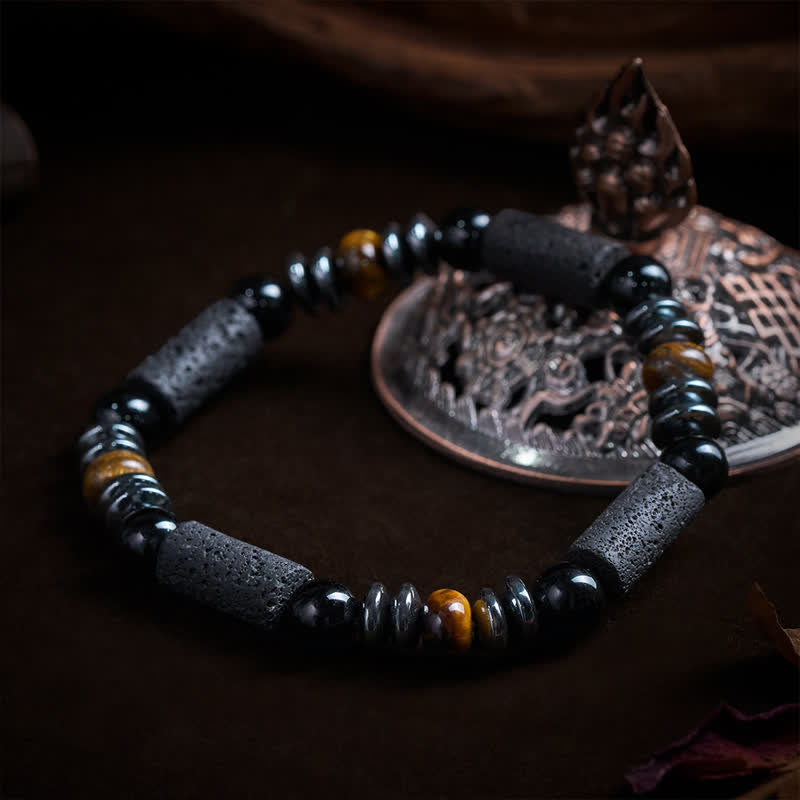 Buddha Stones Natural Tiger's Eye Obsidian Hematite Lava Rock Powerful Bracelet