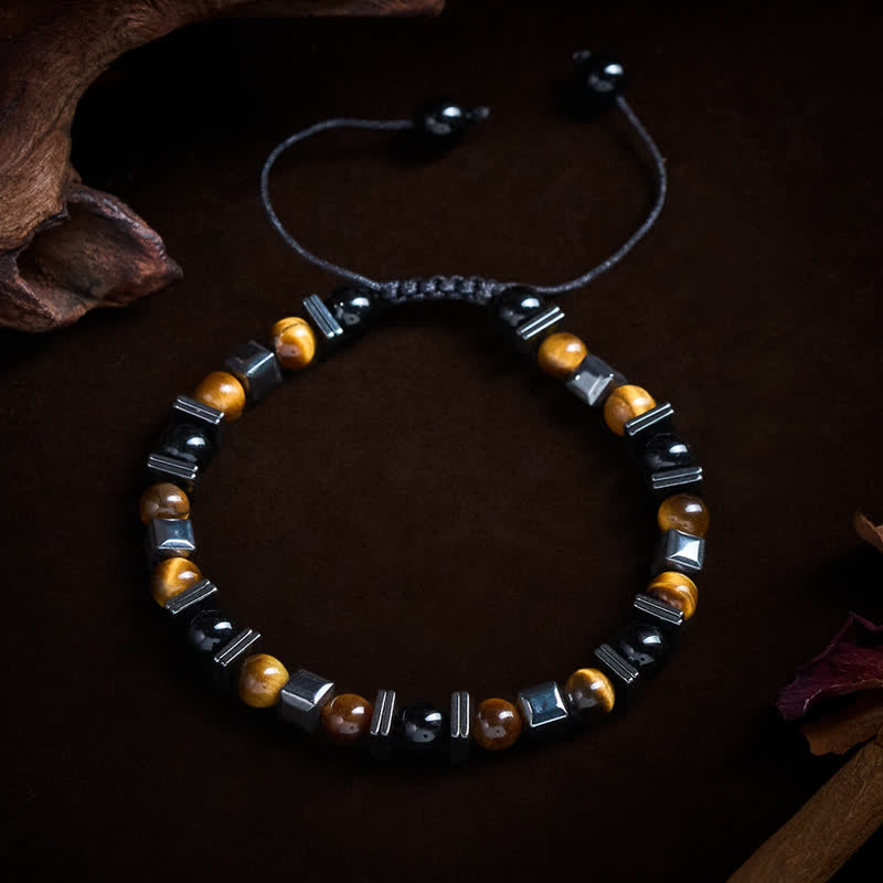 Buddha Stones Natural Tiger's Eye Black Obsidian Hematite Support Bracelet