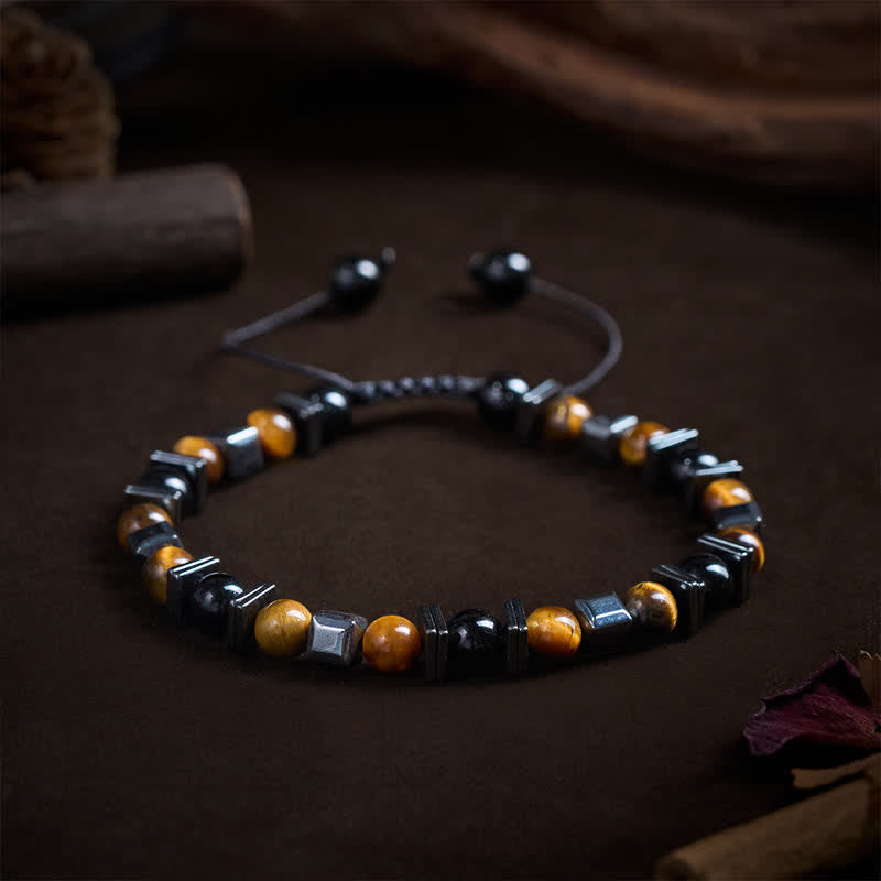 Buddha Stones Natural Tiger's Eye Black Obsidian Hematite Support Bracelet
