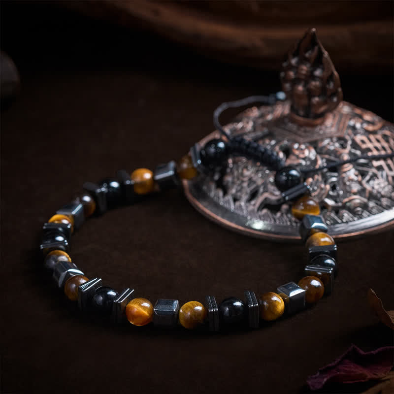 Buddha Stones Natural Tiger's Eye Black Obsidian Hematite Support Bracelet