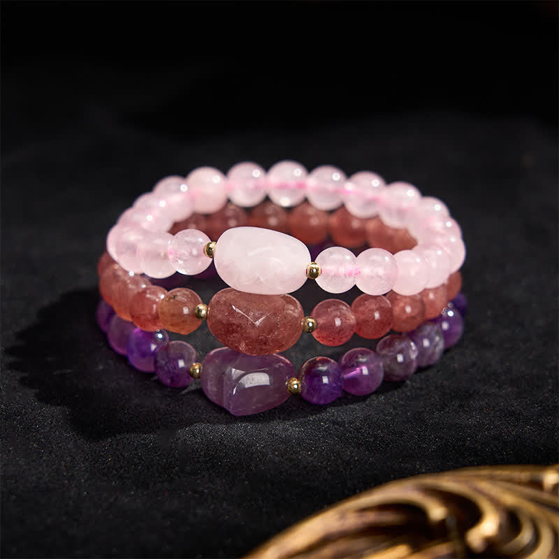 Buddha Stones Natural Amethyst Green Aventurine Tiger Eye Strawberry Quartz Love Heart Spiritual Bracelet