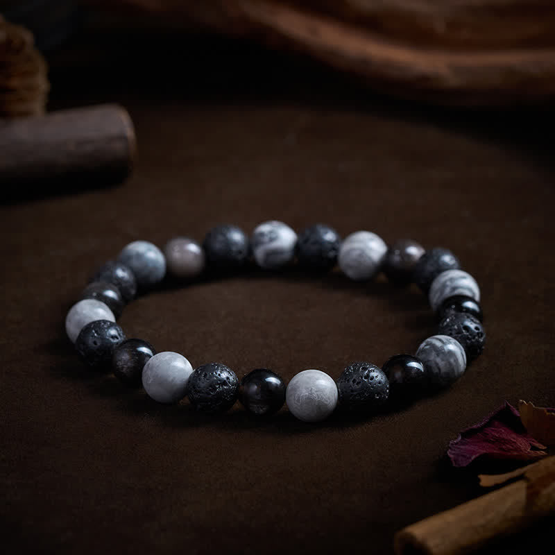 Buddha Stones Black Obsidian Lava Rock Picasso Jasper Beads Support Bracelet