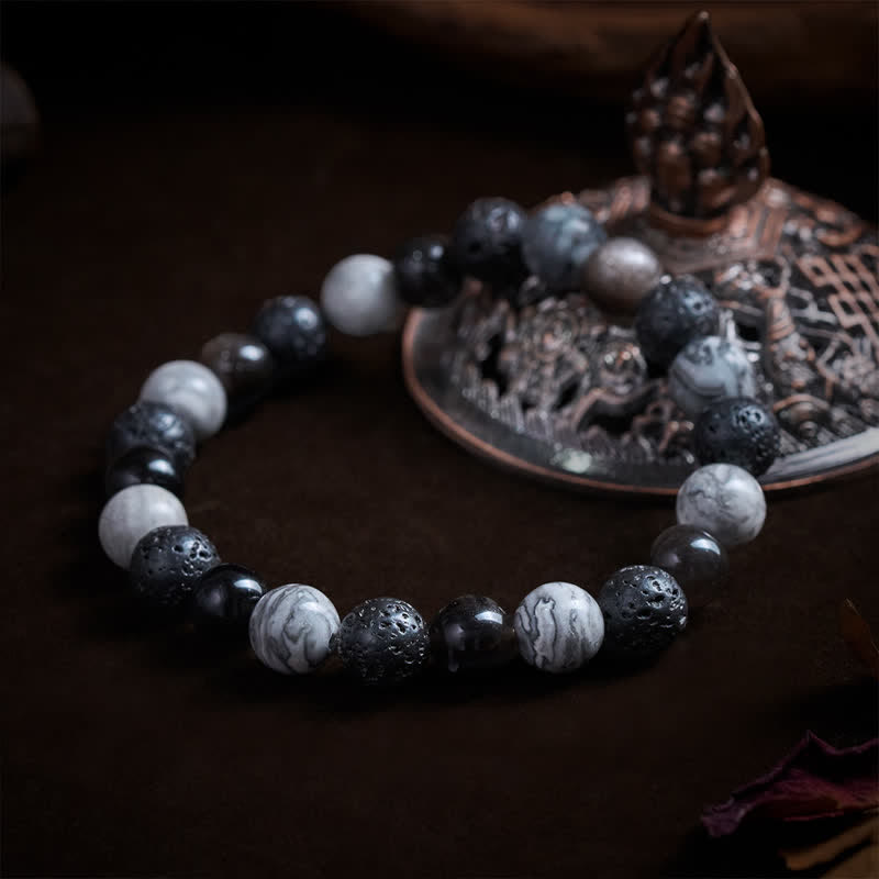 Buddha Stones Black Obsidian Lava Rock Picasso Jasper Beads Support Bracelet