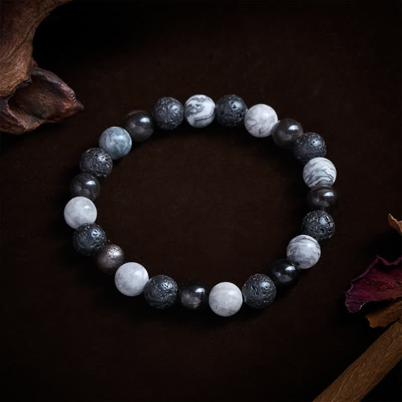 Buddha Stones Black Obsidian Lava Rock Picasso Jasper Beads Support Bracelet