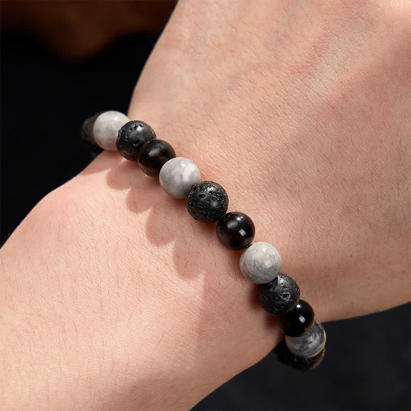 Buddha Stones Black Obsidian Lava Rock Picasso Jasper Beads Support Bracelet
