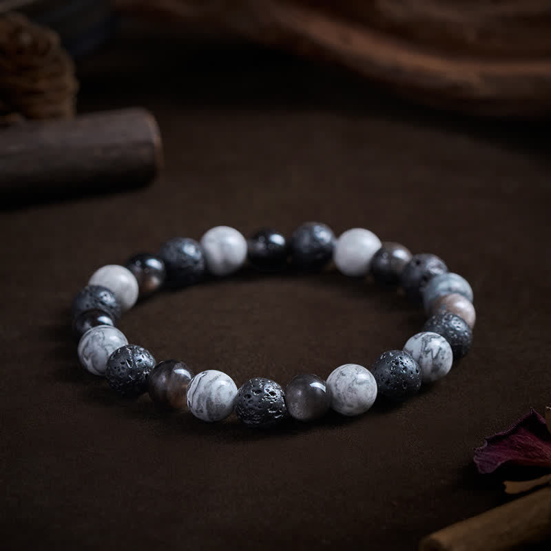 Buddha Stones Black Obsidian Lava Rock Picasso Jasper Beads Support Bracelet