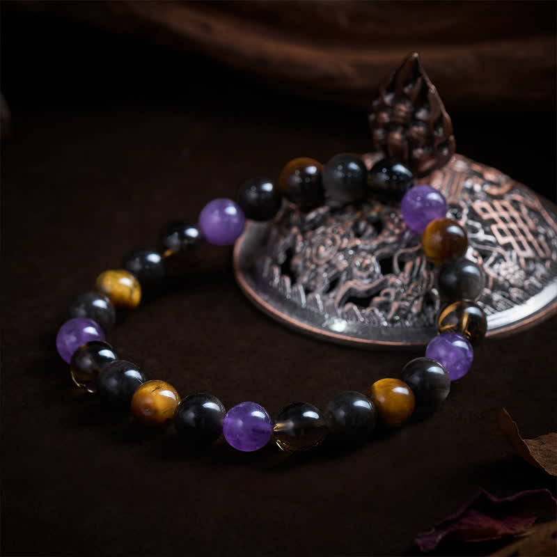 Buddha Stones Natural Amethyst Tiger Eye Black Obsidian Smoky Quartz Healing Bracelet