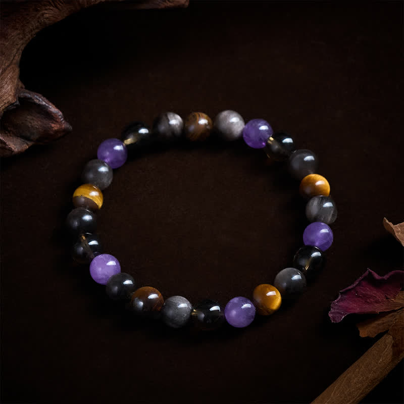 Buddha Stones Natural Amethyst Tiger Eye Black Obsidian Smoky Quartz Healing Bracelet