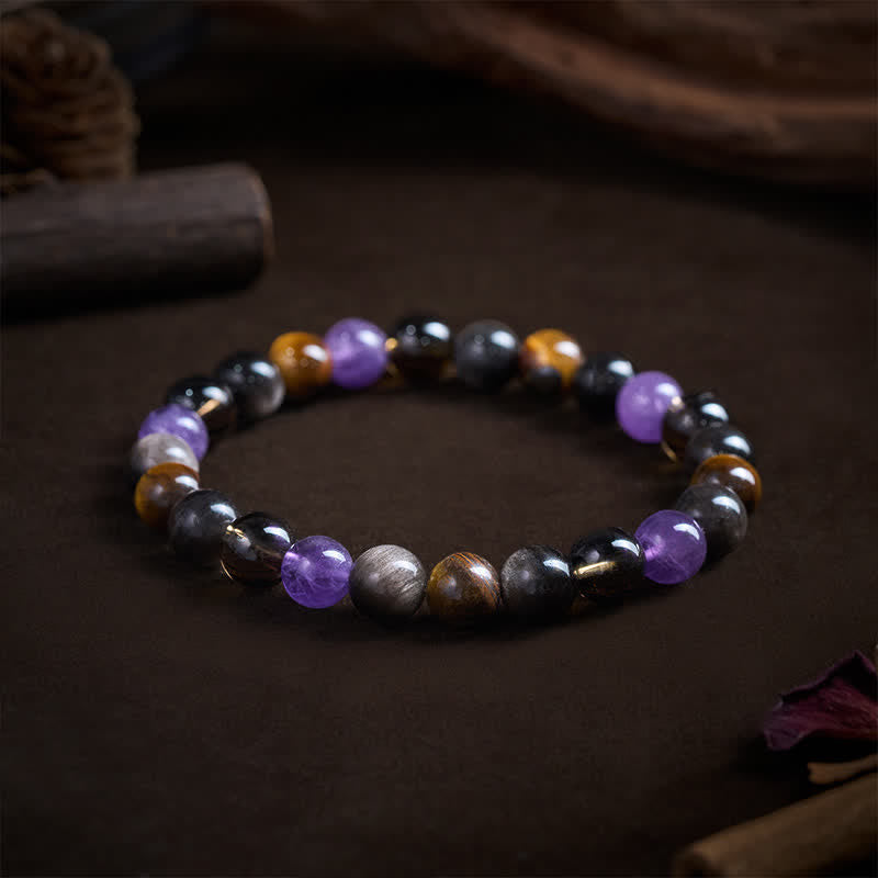 Buddha Stones Natural Amethyst Tiger Eye Black Obsidian Smoky Quartz Healing Bracelet