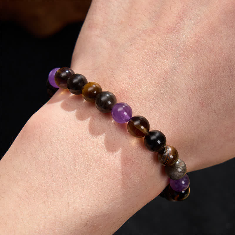 Buddha Stones Natural Amethyst Tiger Eye Black Obsidian Smoky Quartz Healing Bracelet