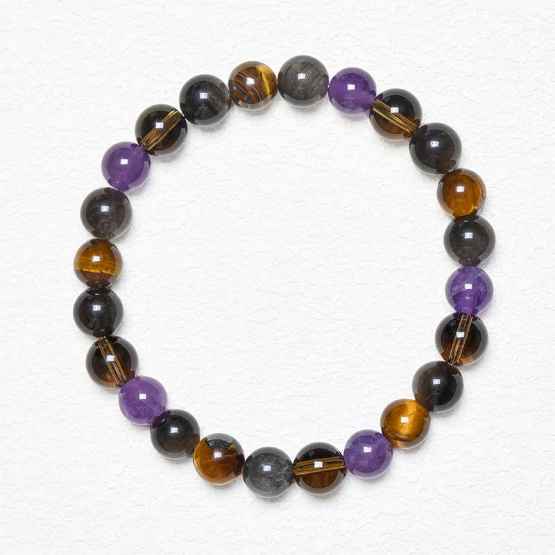 Buddha Stones Natural Amethyst Tiger Eye Black Obsidian Smoky Quartz Healing Bracelet