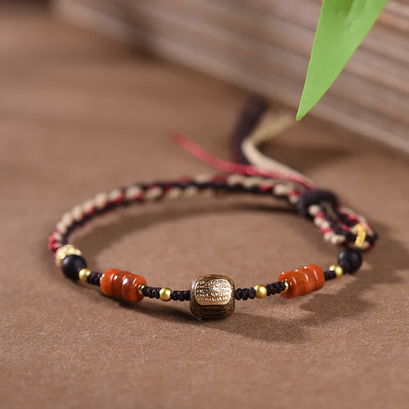 Buddha Stones Hand-Woven Red Sandalwood Blessing Braided Tassel Bracelet