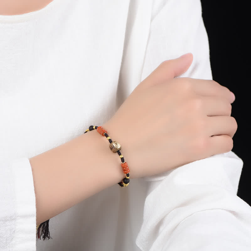 Buddha Stones Hand-Woven Red Sandalwood Blessing Braided Tassel Bracelet