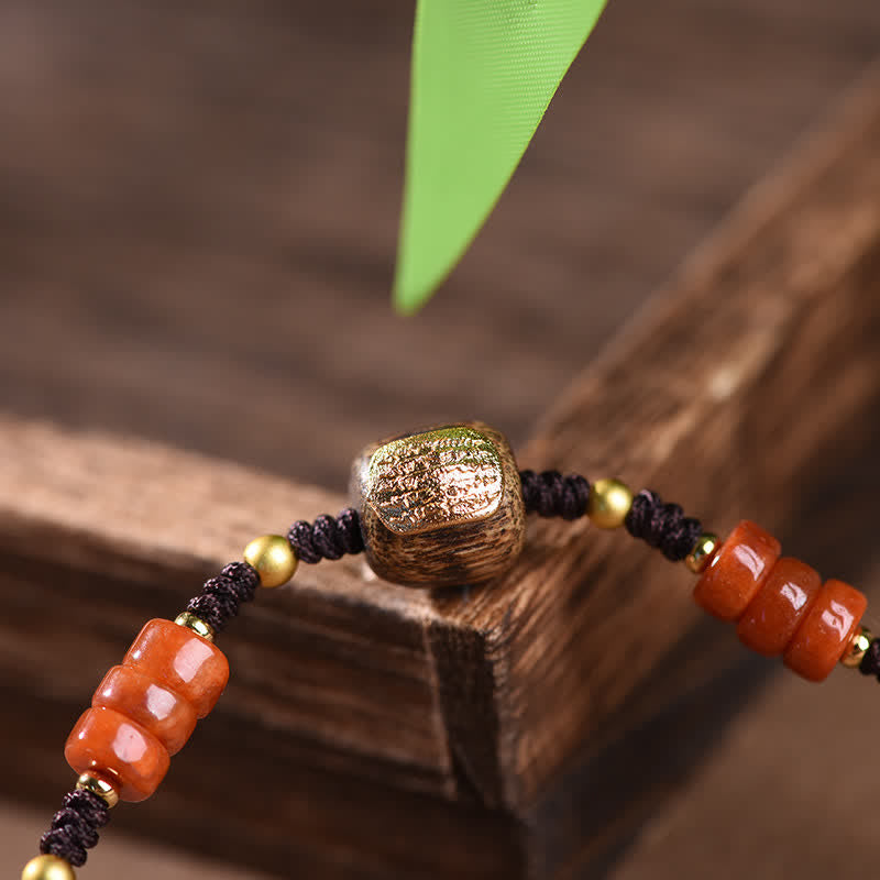 Buddha Stones Hand-Woven Red Sandalwood Blessing Braided Tassel Bracelet
