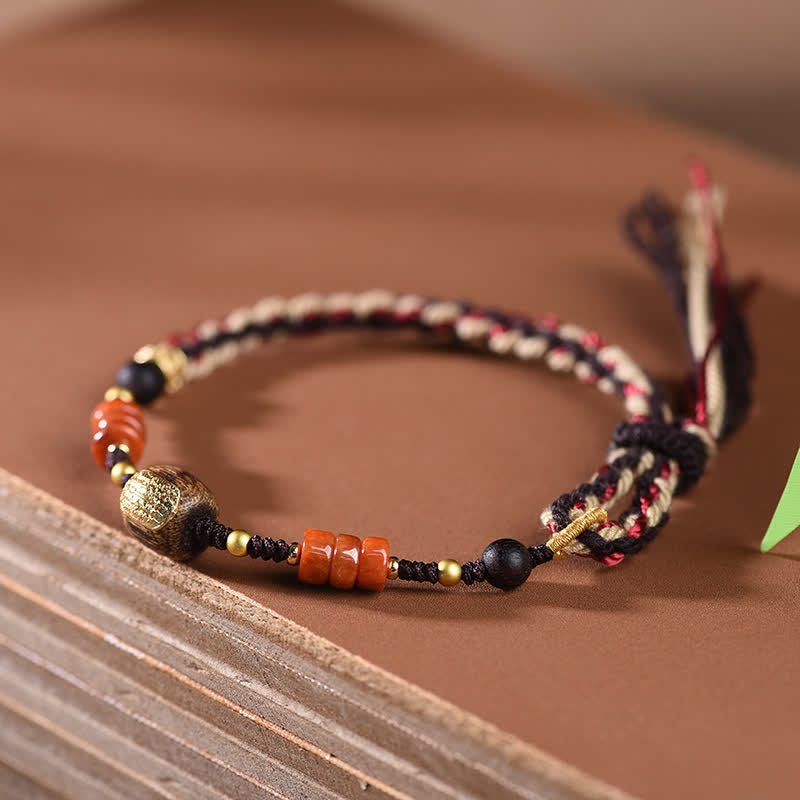 Buddha Stones Hand-Woven Red Sandalwood Blessing Braided Tassel Bracelet