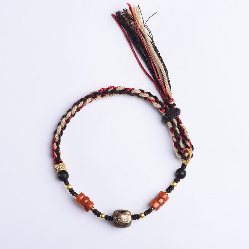 Buddha Stones Hand-Woven Red Sandalwood Blessing Braided Tassel Bracelet