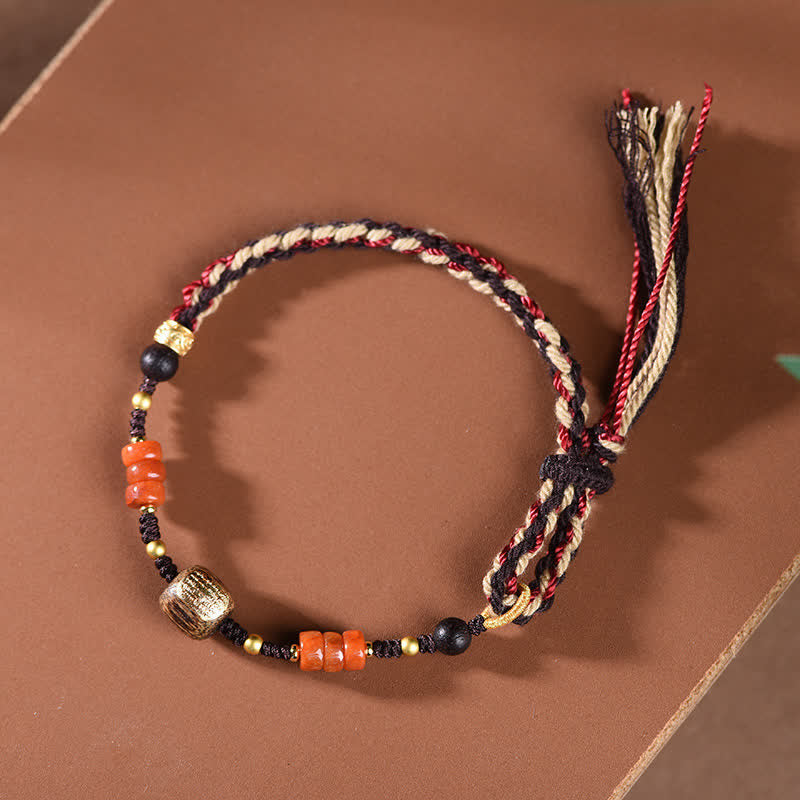 Buddha Stones Hand-Woven Red Sandalwood Blessing Braided Tassel Bracelet