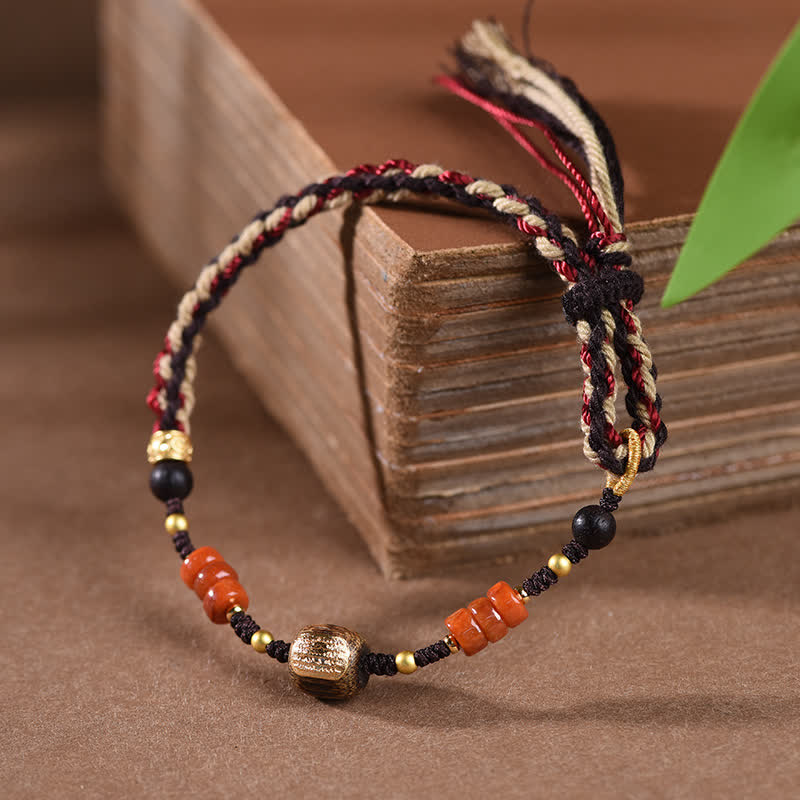 Buddha Stones Hand-Woven Red Sandalwood Blessing Braided Tassel Bracelet