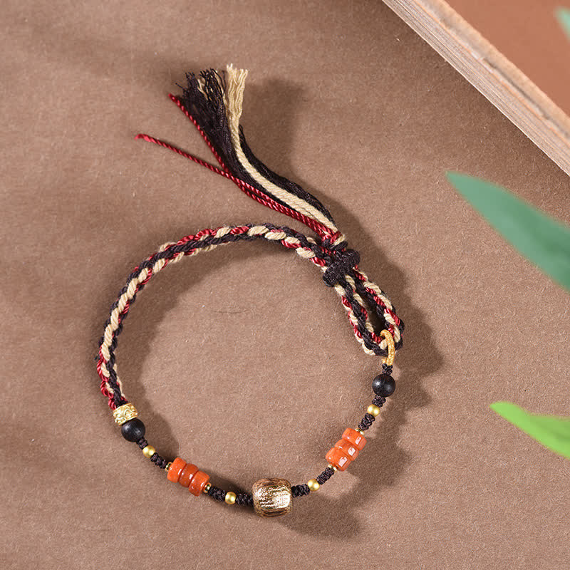 Buddha Stones Hand-Woven Red Sandalwood Blessing Braided Tassel Bracelet