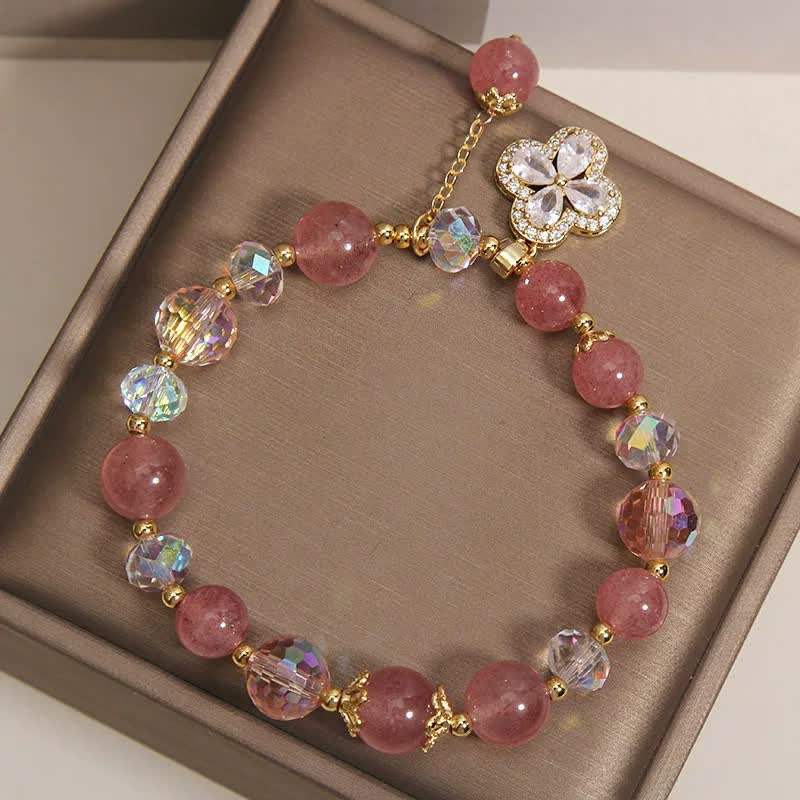 Buddha Stones Strawberry Quartz Clover Love Beaded Tassel Bracelet