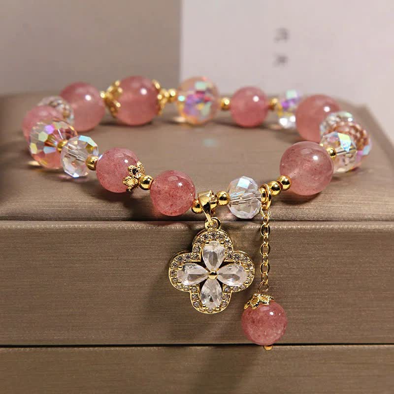 Buddha Stones Strawberry Quartz Clover Love Beaded Tassel Bracelet