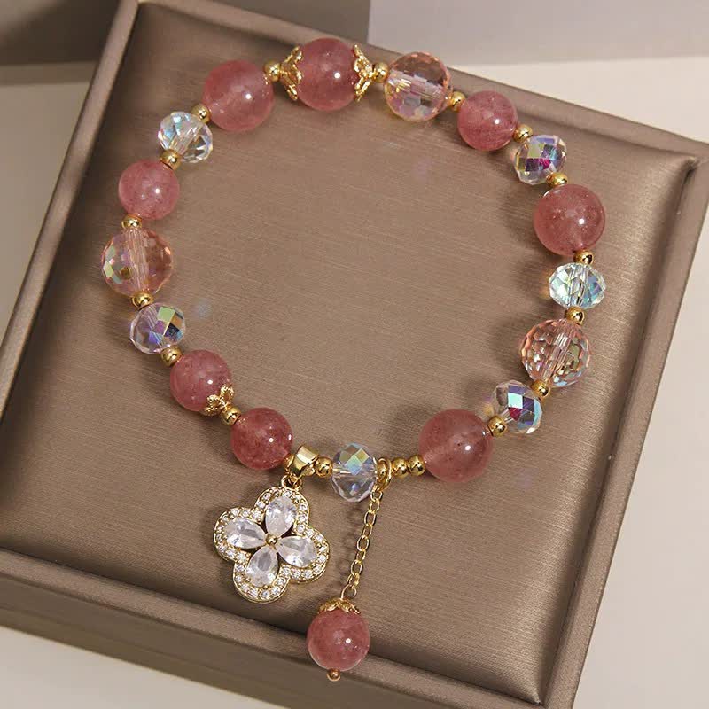 Buddha Stones Strawberry Quartz Clover Love Beaded Tassel Bracelet