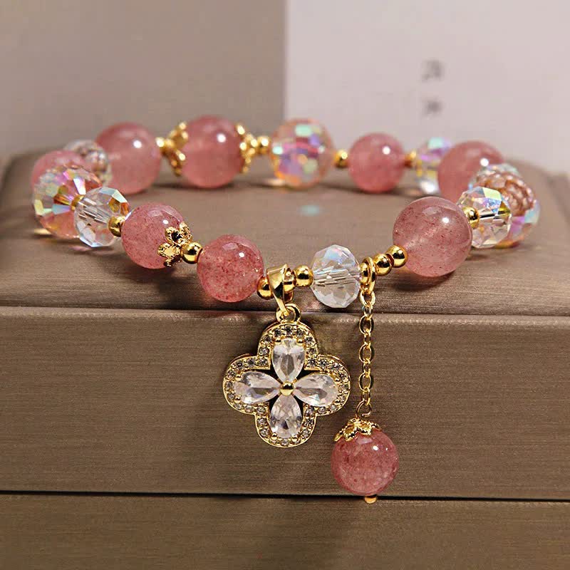 Buddha Stones Strawberry Quartz Clover Love Beaded Tassel Bracelet
