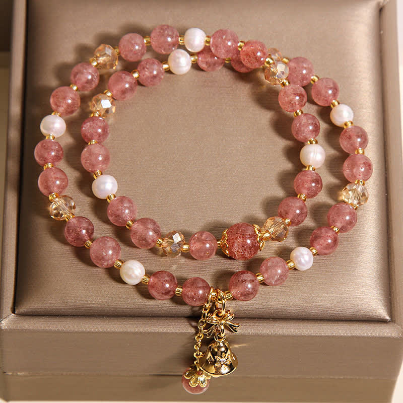 Buddha Stones Strawberry Quartz Pearl Butterfly Love Double Wrap Bracelet