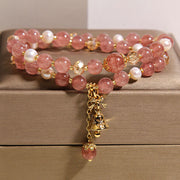 Buddha Stones Strawberry Quartz Pearl Butterfly Love Double Wrap Bracelet