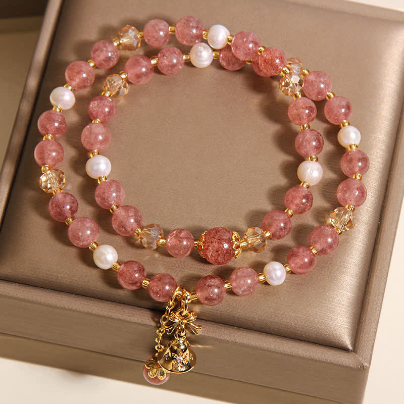 Buddha Stones Strawberry Quartz Pearl Butterfly Love Double Wrap Bracelet