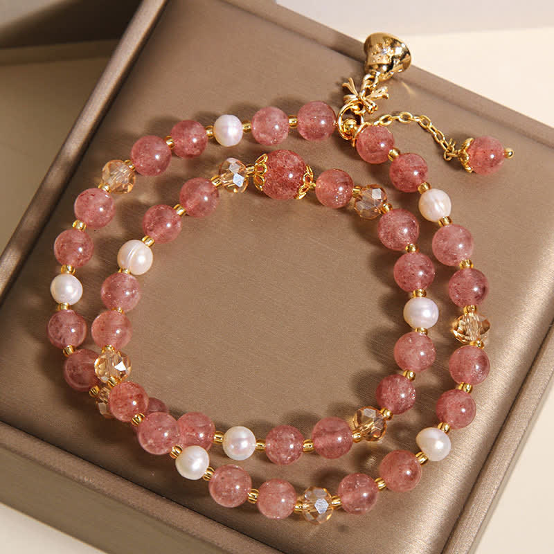 Buddha Stones Strawberry Quartz Pearl Butterfly Love Double Wrap Bracelet