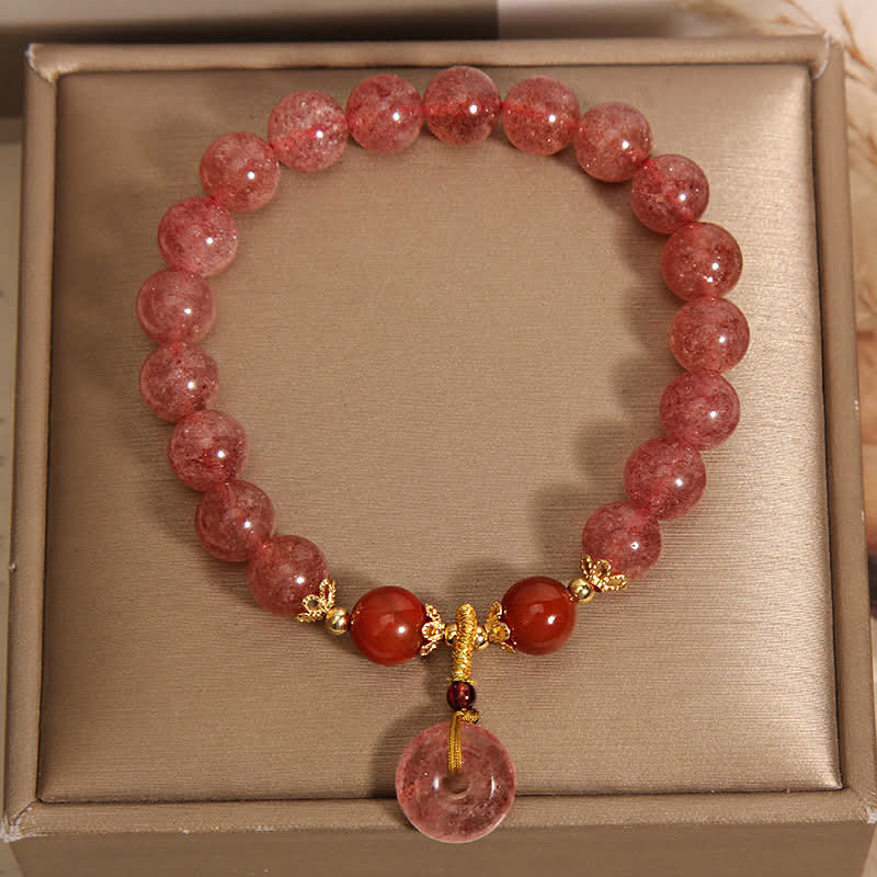 Buddha Stones Strawberry Quartz Peace Buckle Love Round Beaded Bracelet