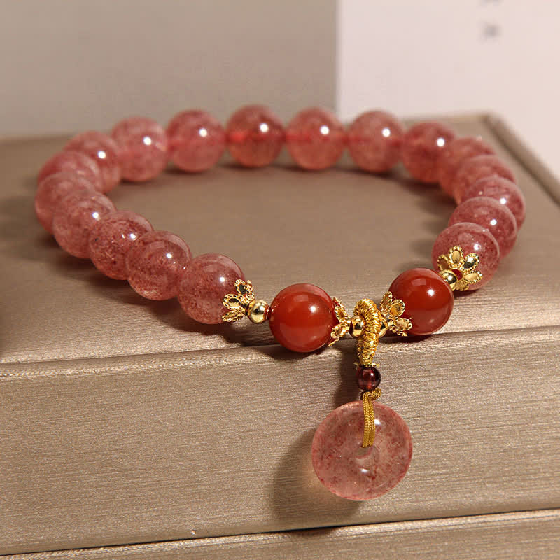 Buddha Stones Strawberry Quartz Peace Buckle Love Round Beaded Bracelet