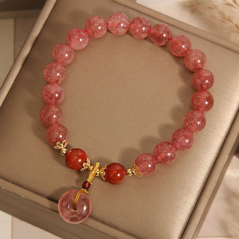 Buddha Stones Strawberry Quartz Peace Buckle Love Round Beaded Bracelet