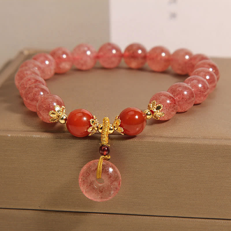 Buddha Stones Strawberry Quartz Peace Buckle Love Round Beaded Bracelet
