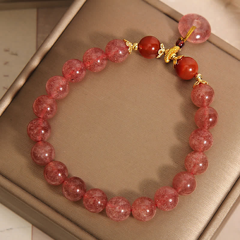 Buddha Stones Strawberry Quartz Peace Buckle Love Round Beaded Bracelet