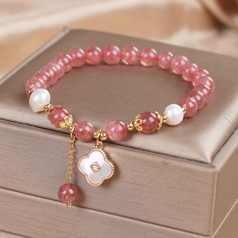 Buddha Stones Strawberry Quartz Pearl Shell Four-Leaf Clover Love Round Bead Bracelet