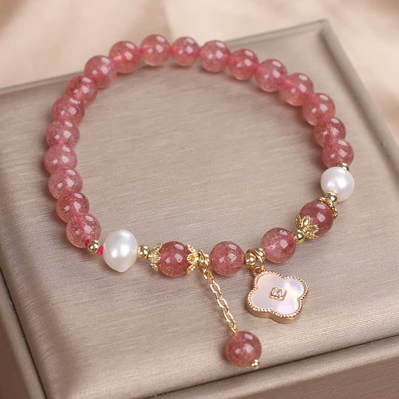 Buddha Stones Strawberry Quartz Pearl Shell Four-Leaf Clover Love Round Bead Bracelet