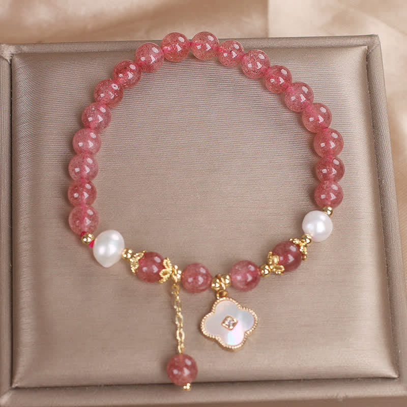 Buddha Stones Strawberry Quartz Pearl Shell Four-Leaf Clover Love Round Bead Bracelet