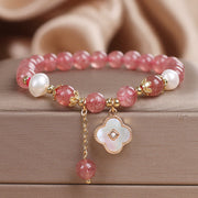 Buddha Stones Strawberry Quartz Pearl Shell Four-Leaf Clover Love Round Bead Bracelet