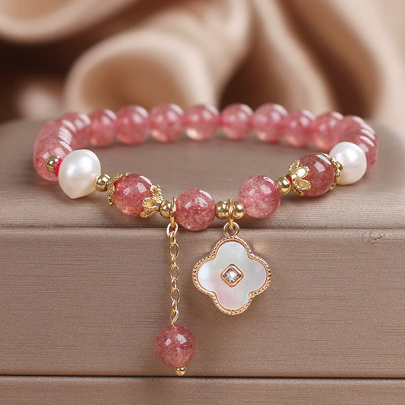 Buddha Stones Strawberry Quartz Pearl Shell Four-Leaf Clover Love Round Bead Bracelet