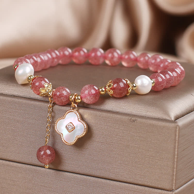 Buddha Stones Strawberry Quartz Pearl Shell Four-Leaf Clover Love Round Bead Bracelet