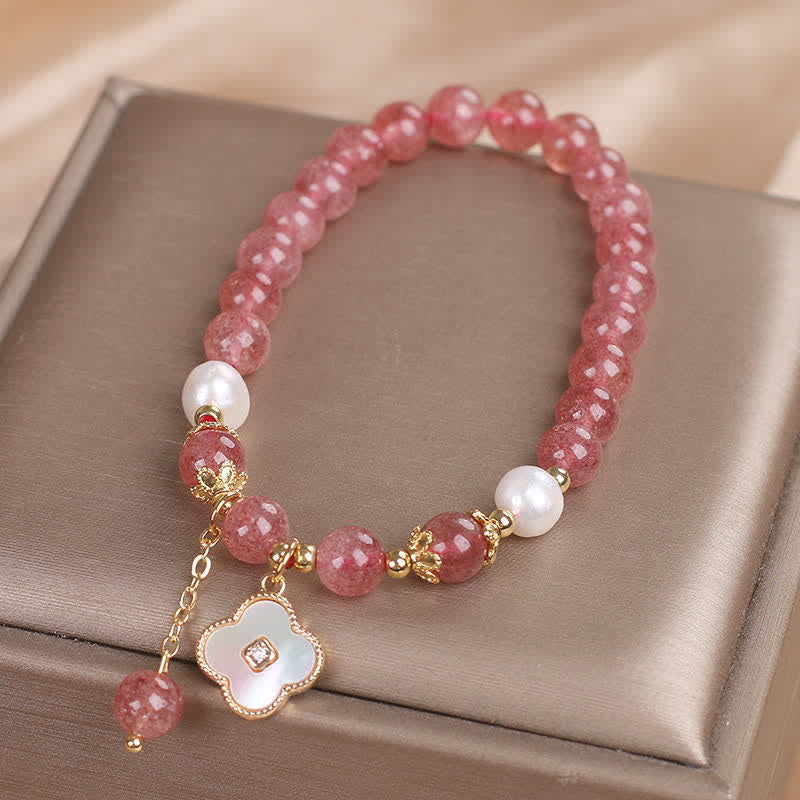 Buddha Stones Strawberry Quartz Pearl Shell Four-Leaf Clover Love Round Bead Bracelet