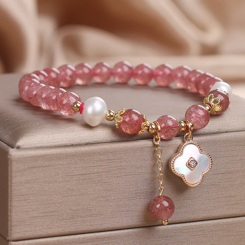 Buddha Stones Strawberry Quartz Pearl Shell Four-Leaf Clover Love Round Bead Bracelet