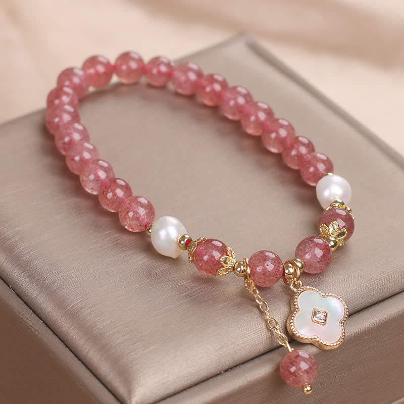 Buddha Stones Strawberry Quartz Pearl Shell Four-Leaf Clover Love Round Bead Bracelet
