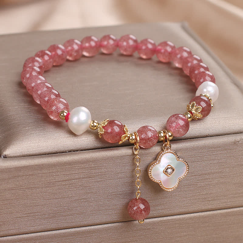 Buddha Stones Strawberry Quartz Pearl Shell Four-Leaf Clover Love Round Bead Bracelet