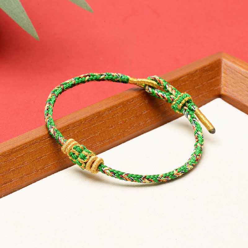 EverestArtstudios Five Color Hand Woven Green String Green Ingots And Plum Blossom Amulets Protection Adjustable Bracelet