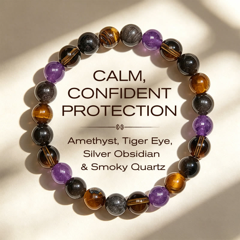 Buddha Stones Natural Amethyst Tiger Eye Black Obsidian Smoky Quartz Healing Bracelet