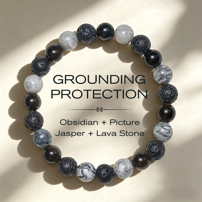 Buddha Stones Black Obsidian Lava Rock Picasso Jasper Beads Support Bracelet